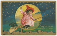petite sorciere sur balai Halloween carte postale ancienne collection