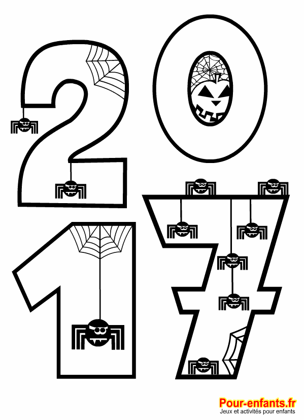 2017 à imprimer en grand dessin de chiffres pour Halloween. Coloriage des chiffres de l'année d'Halloween.