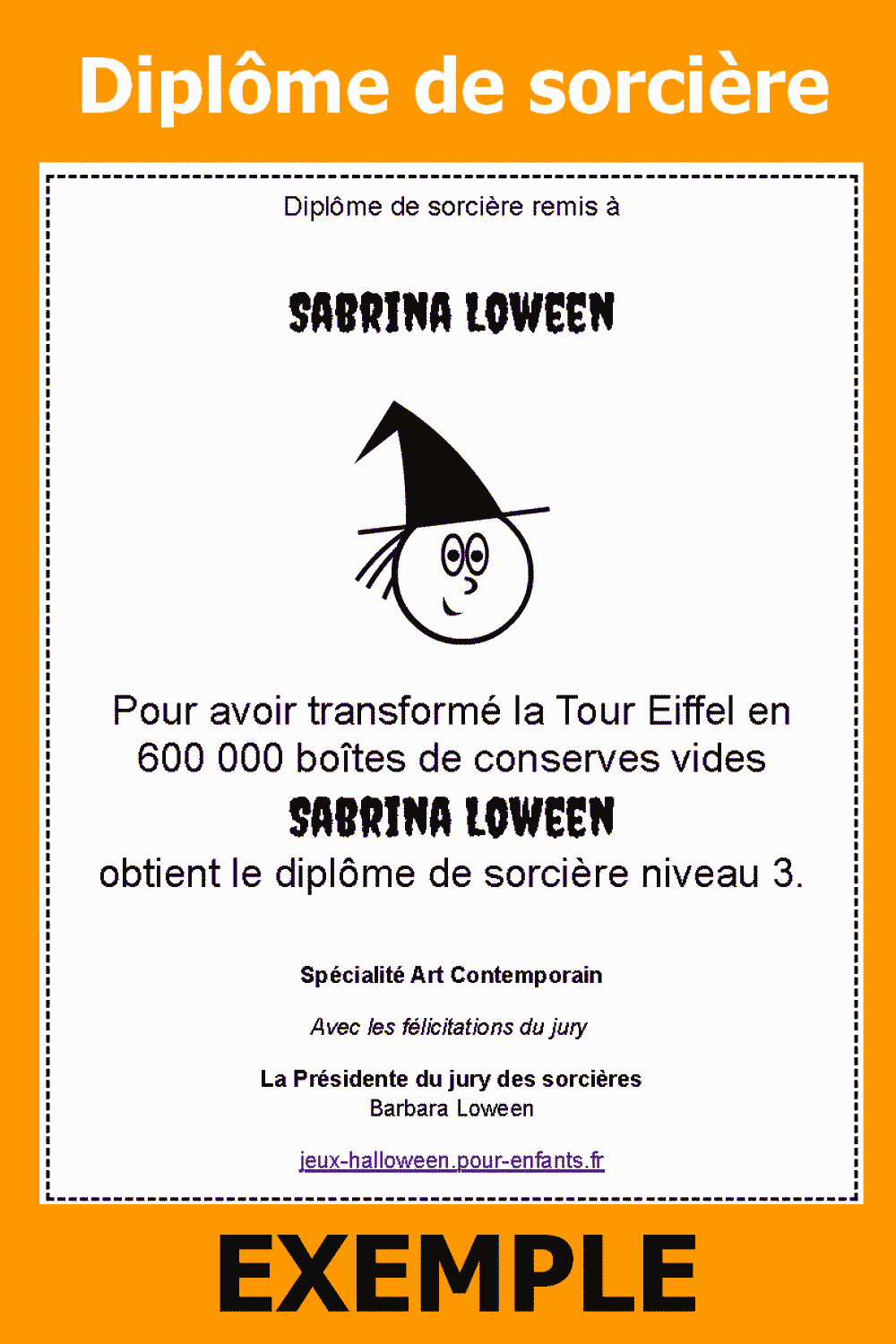 Diplôme humoristique de sorcière d'Halloween à personnaliser avec un prénom